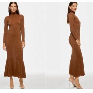 Ronny Kobo Sheer Metallic Dress Long-Sleeve Mock Neck Bronze Medium *READ FLAW*